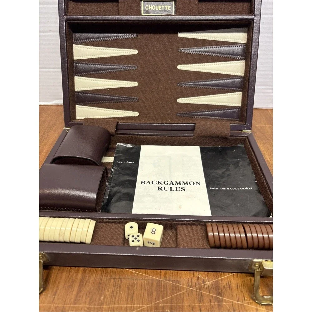Vintage Chouette Travel Backgammon Set Attaché Case Complete Dice Cups Rules